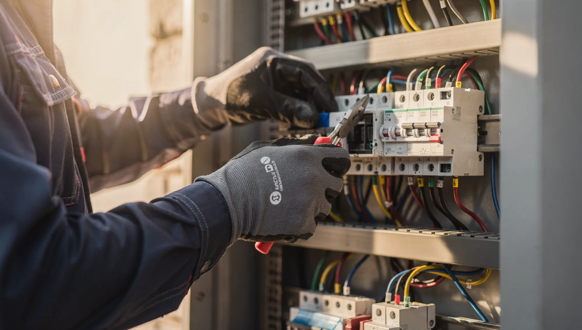 Elettricista artigiano al lavoro su un quadro elettrico
