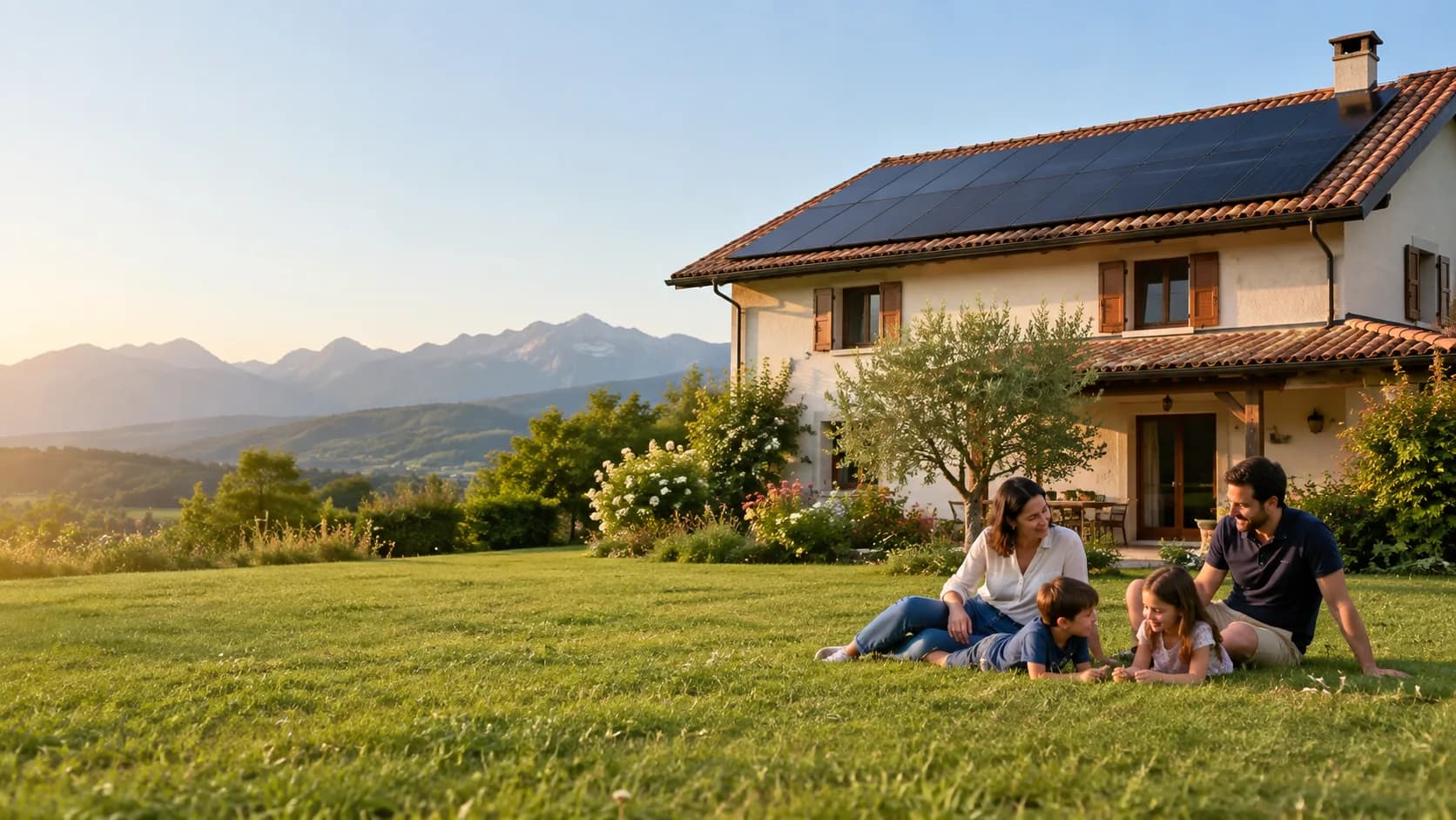 Famiglia nel prato davanti a una casa di campagna con i pannelli fotovoltaici sul tetto e le montagne sullo sfondo