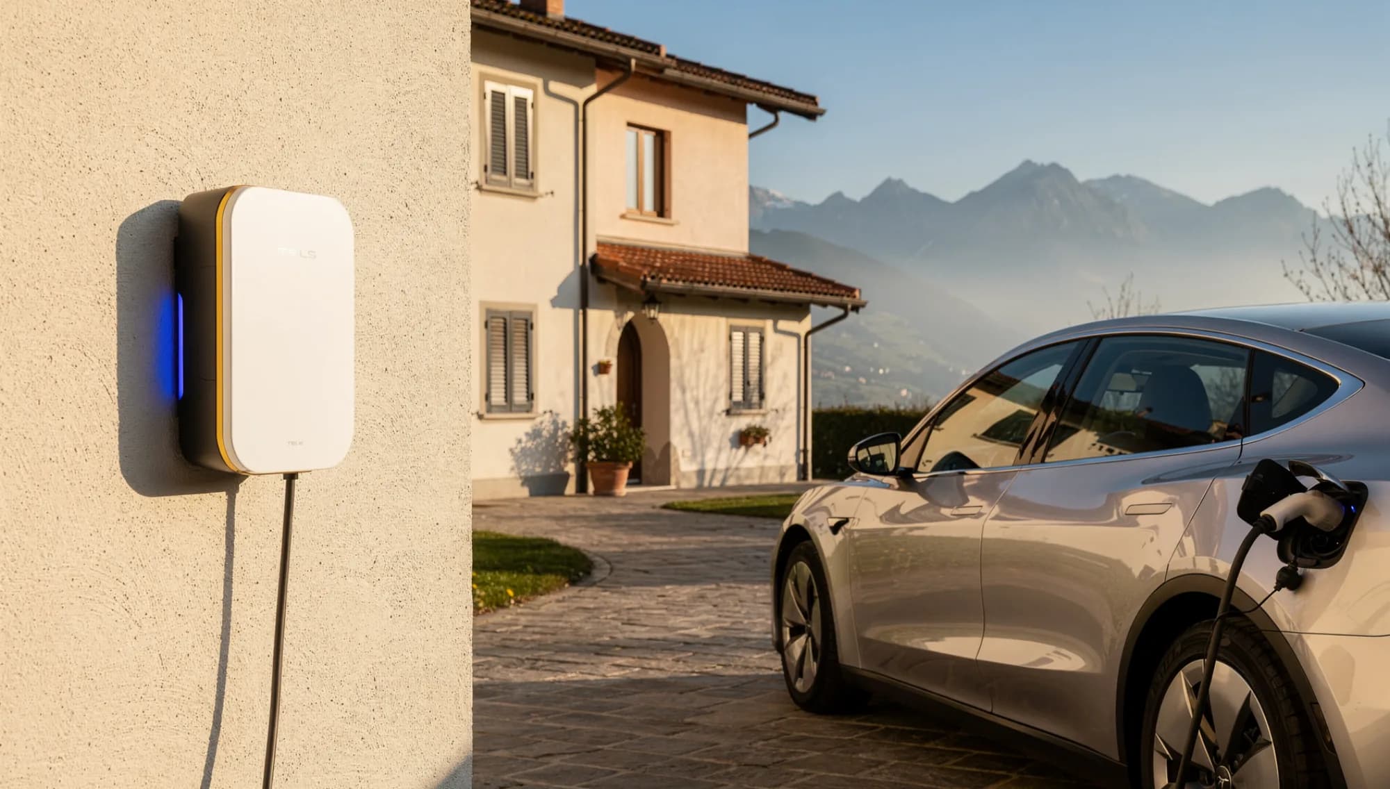 Wallbox per la ricarica di un'auto elettrica installata in un garage