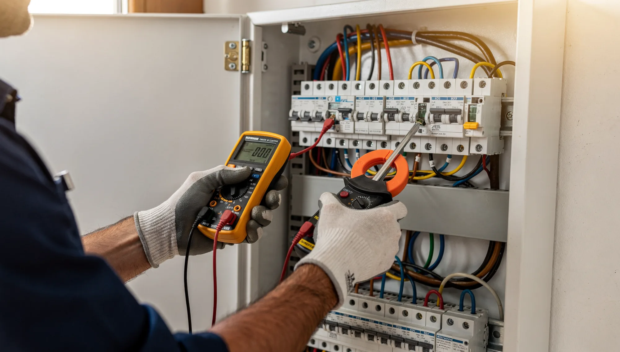 Elettricista al lavoro su un quadro elettrico durante una verifica di conformità
