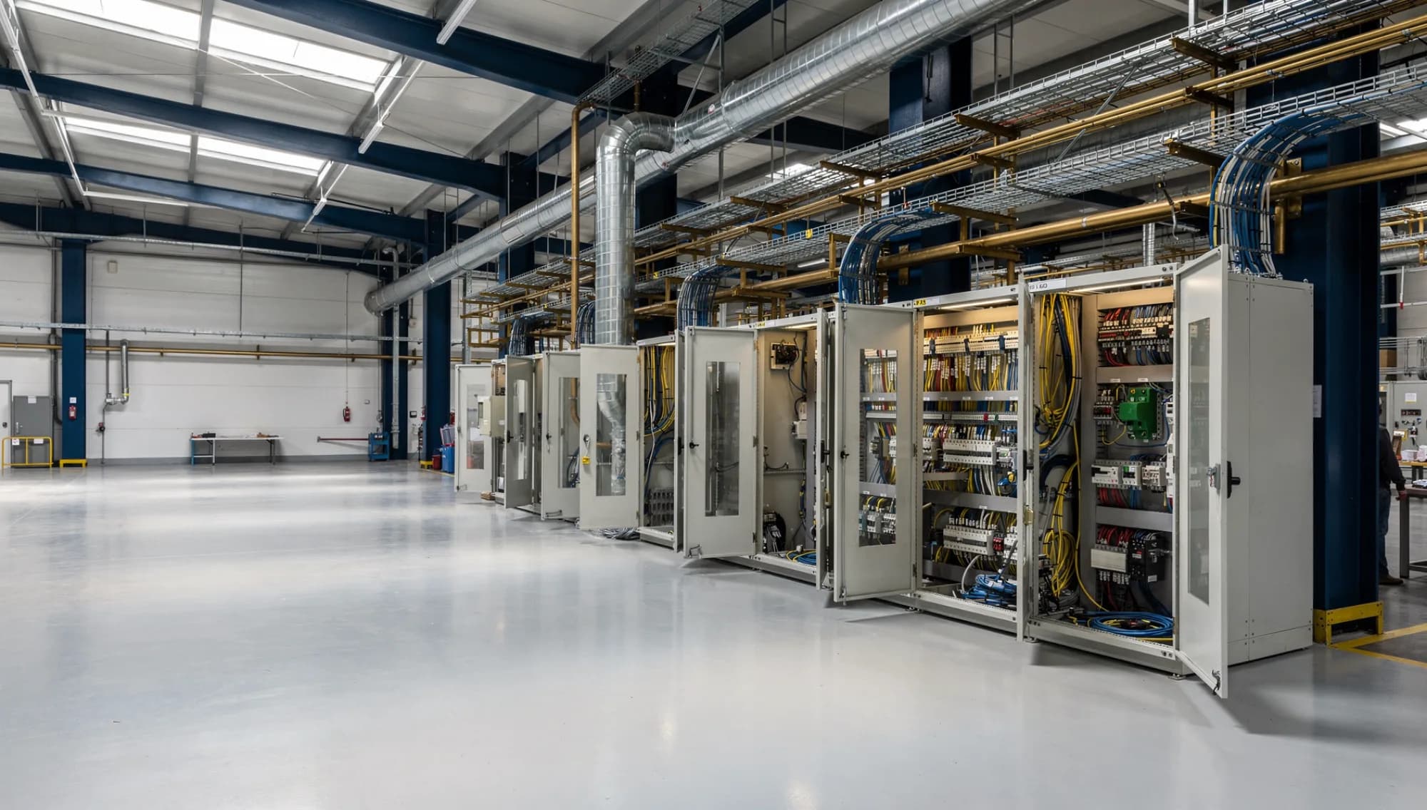 Quadro elettrico industriale con cablaggi ordinati in un capannone