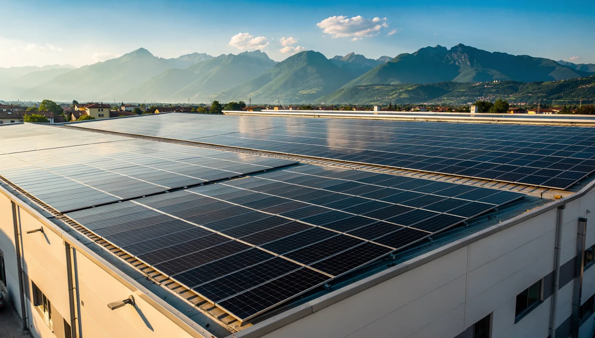 Impianto fotovoltaico sul tetto di un capannone industriale con le Prealpi sullo sfondo